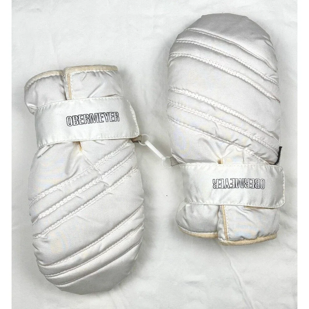 Vintage Girl’s Obermeyer Ski Mittens XL Leather Palm Gloves Off White